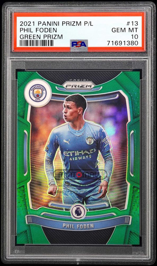2021-22 Panini Prizm English Premier League Phil Foden Green Prizms #13 PSA GEM MINT 10 card