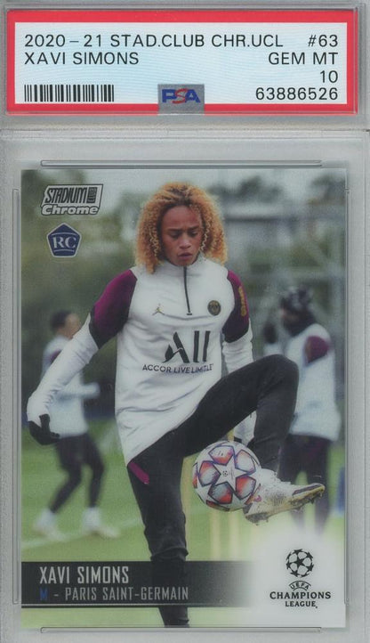 2020-21 Stadium Club Chrome UCL trading card of Xavi Simons #63 graded PSA10 from Paris Saint-Germain