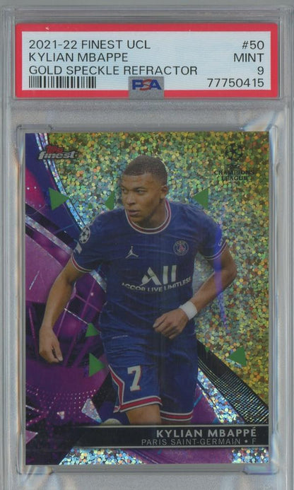 2021-22 Finest UCL Kylian Mbappe Gold Speckle Refractor trading card graded PSA9