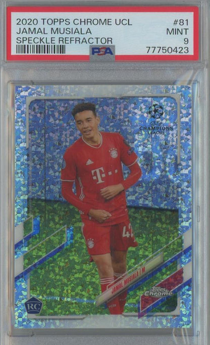 2020 Topps Chrome UCL Jamal Musiala RC Speckle Refractor #81 PSA9 trading card featuring FC Bayern Munich