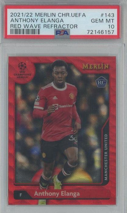 2021-22 Merlin Chrome UEFA Anthony Elanga rookie card Red Wave Refractor 2 of 5 graded PSA10 Manchester United