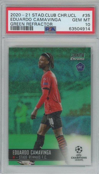 2020-21 Stadium Club Chrome UCL Eduardo Camavinga Green Refractor card graded PSA10 from Stade Rennais