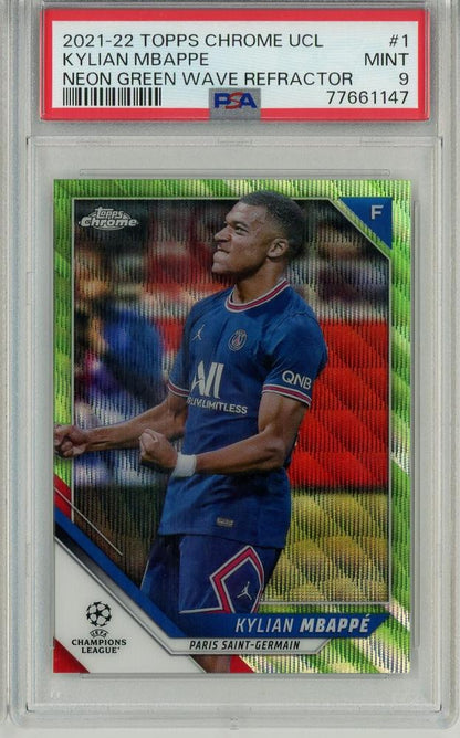 2021-22 Topps Chrome UEFA Champions League Kylian Mbappe Neon Green Wave Refractor graded PSA9 card
