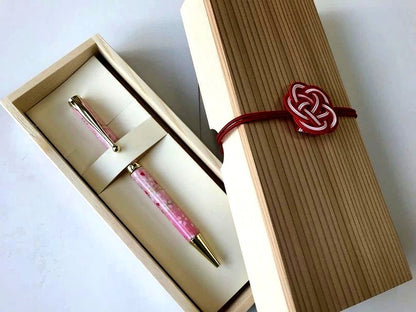 Shikibu-designed Mino Washi paper ballpoint pen 0.7mm in paulownia wood box with water ribbon decoration