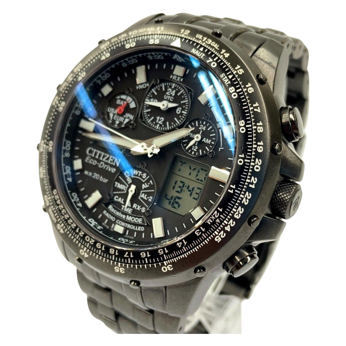 Citizen Pro Master Sky Navi Hawk black stainless steel solar radio wave quartz men's watch with 45mm case