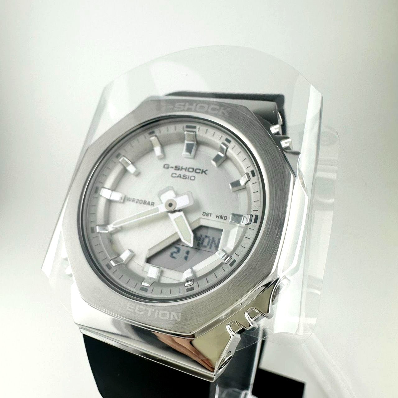 Casio G-Shock GM-S2110-1A7JF square watch with metal bezel and color dial, resin case and band