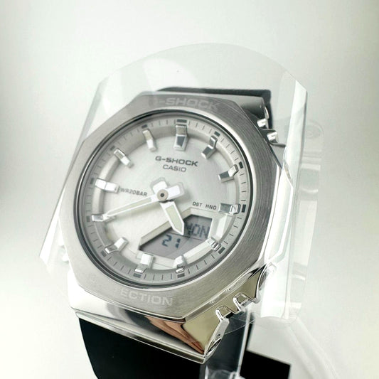 Casio G-Shock GM-S2110-1A7JF square watch with metal bezel and color dial, resin case and band