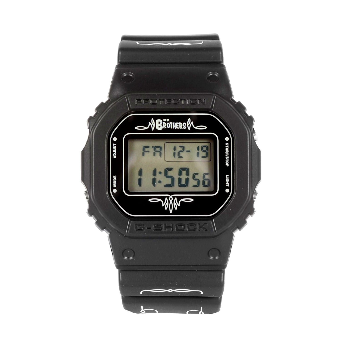 G-Shock DW-5600X MR.Brothers 10th Anniversary Collaboration Watch in black with pinstripe belt and branded backlight