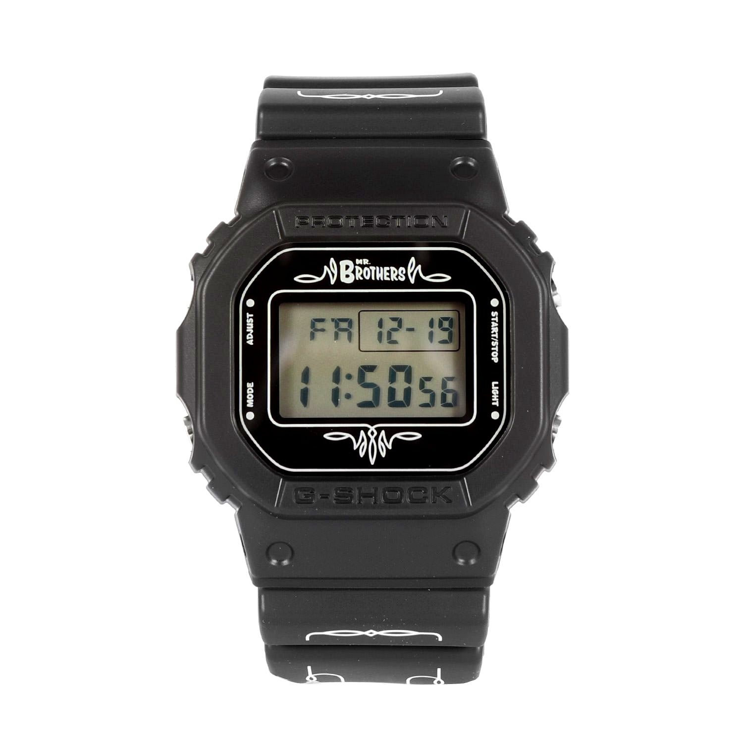 G-Shock DW-5600X MR.Brothers 10th Anniversary Collaboration Watch in black with pinstripe belt and branded backlight