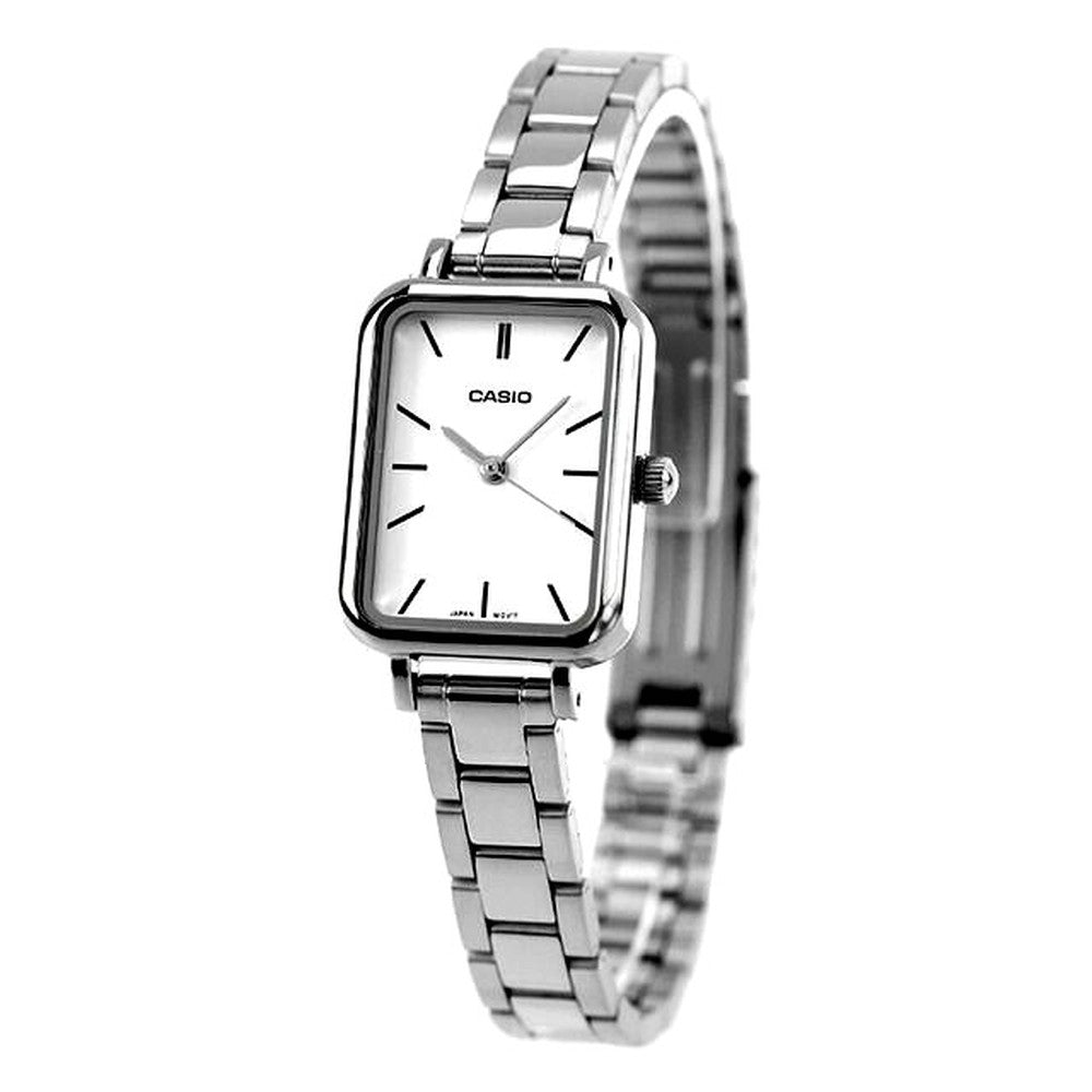 Casio women's standard watch model LTP-V009D-7EDF with white dial and silver stainless steel band