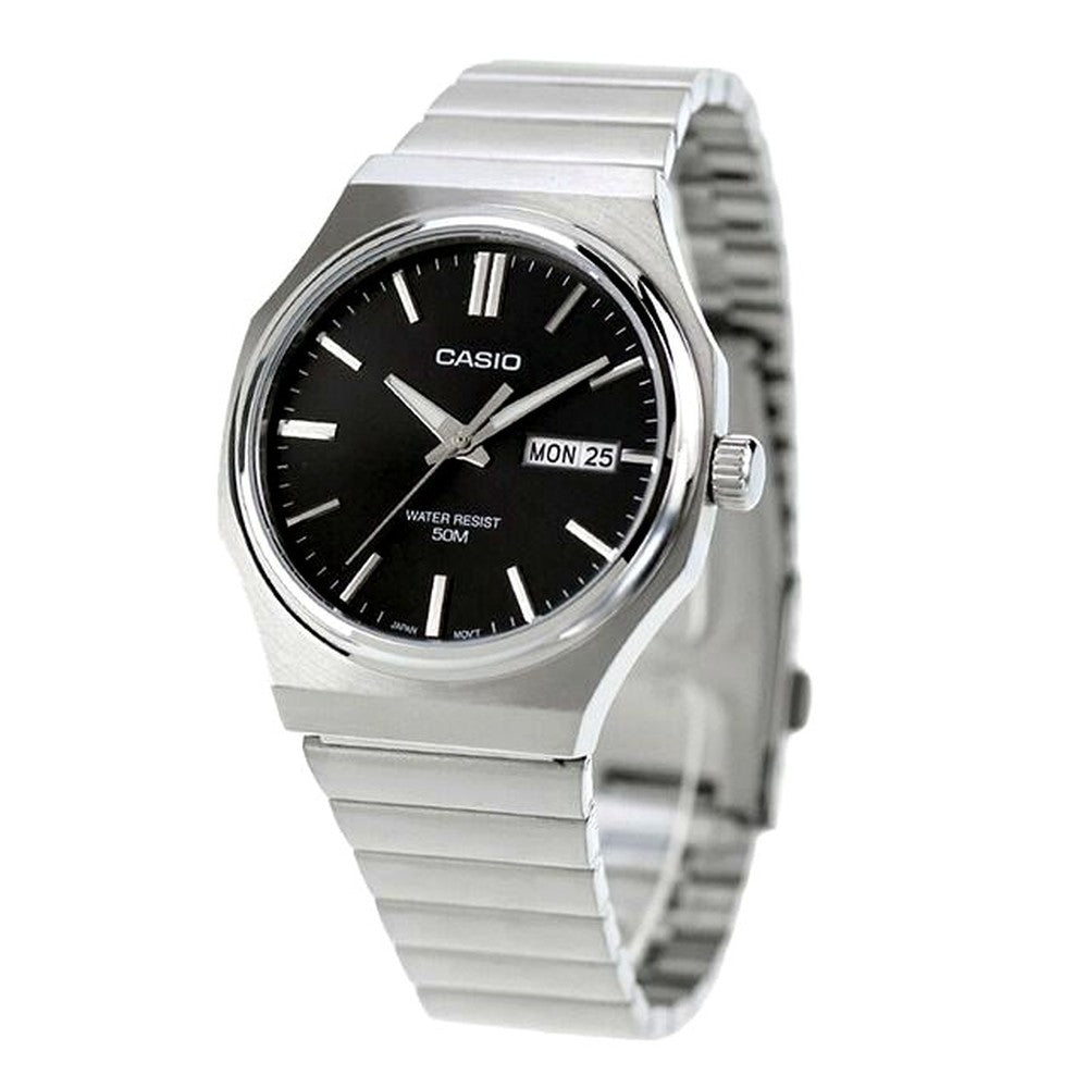 Casio Standard MTP-E735D-1AVDF men's quartz analog watch with black dial and stainless steel band