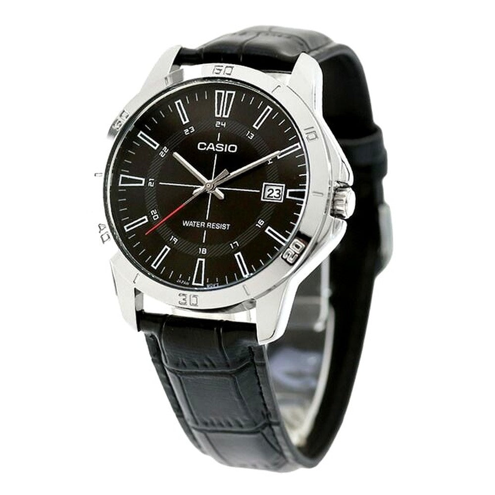 Casio Standard Series Men’s MTP-V004L-1CDF watch with black dial and black leather strap