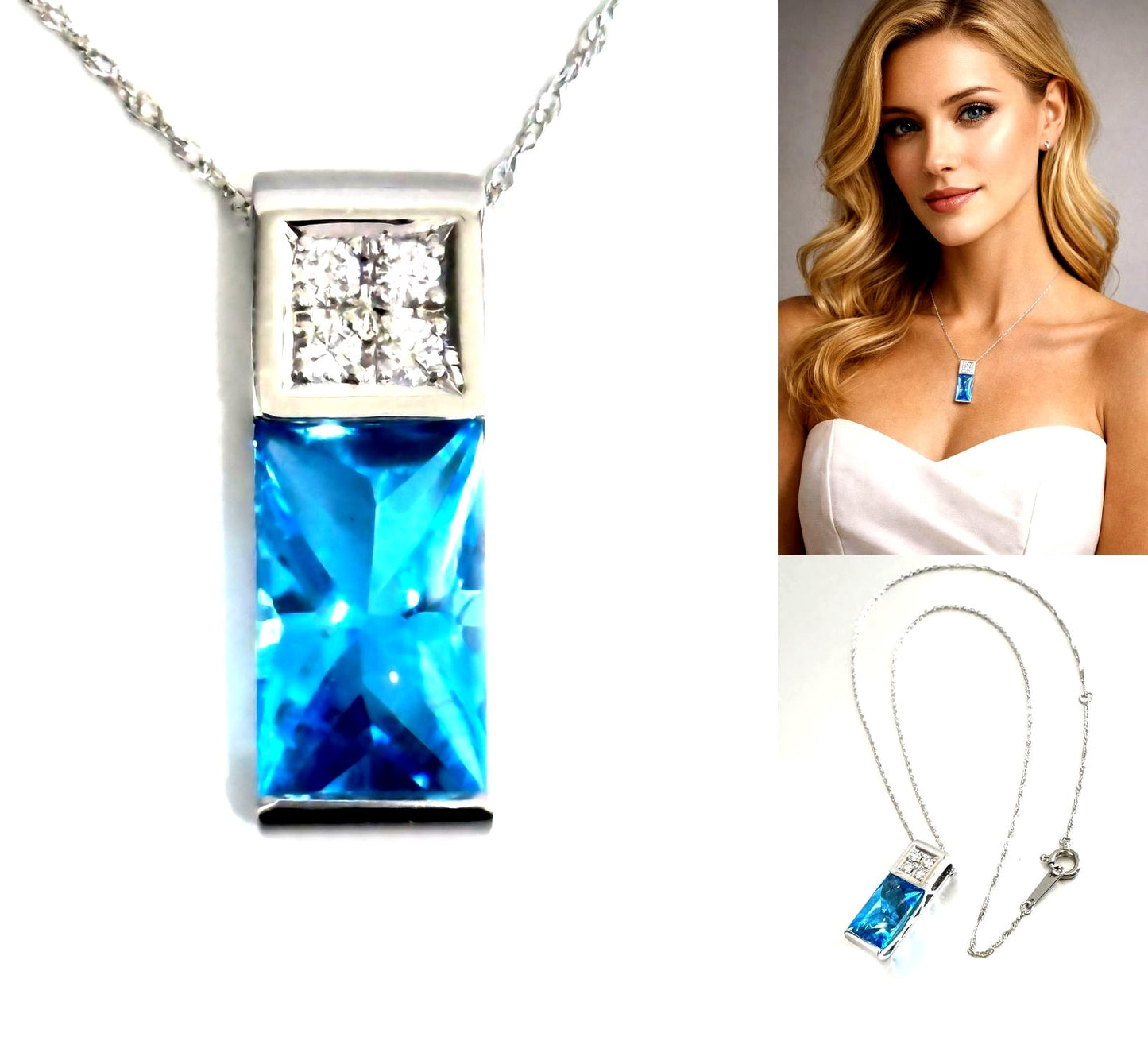 TASAKI necklace featuring a pearl, blue topaz gemstone, and 0.11ct diamonds on a 40cm chain