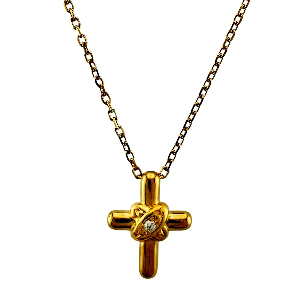 Mikimoto ladies 18K yellow gold cross necklace with diamond detail and K18 stamp on clasp