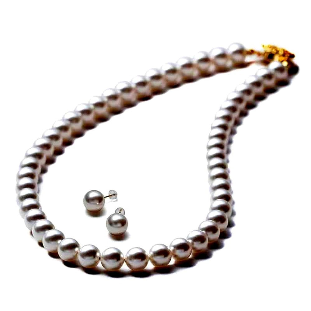 VOTRE COUTURE pearl necklace and earrings set with 8mm white pearls and 10K yellow gold crown design