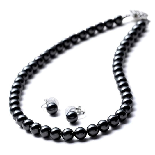 VOTRE COUTURE pearl necklace and earrings set featuring 8mm gray silver pearls with rhodium-plated brass fittings