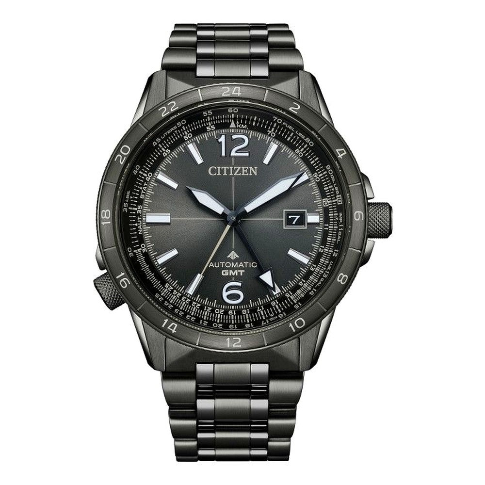 Citizen Promaster Nika NB6045-51H Sky Series mechanical GMT watch with gray stainless steel band and sapphire glass