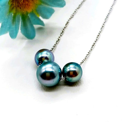 Akoya pearl 3-piece threaded necklace with dark blue-gray pearls and silver chain, 40 cm length