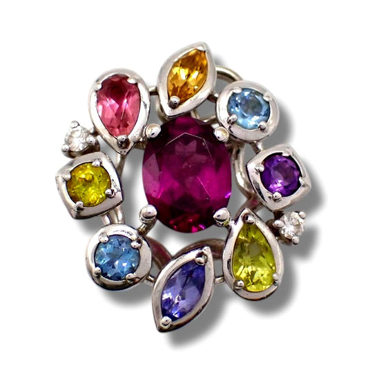 Tasaki Pearl Diamond multi-stone pendant necklace with white gold setting and colorful gemstones