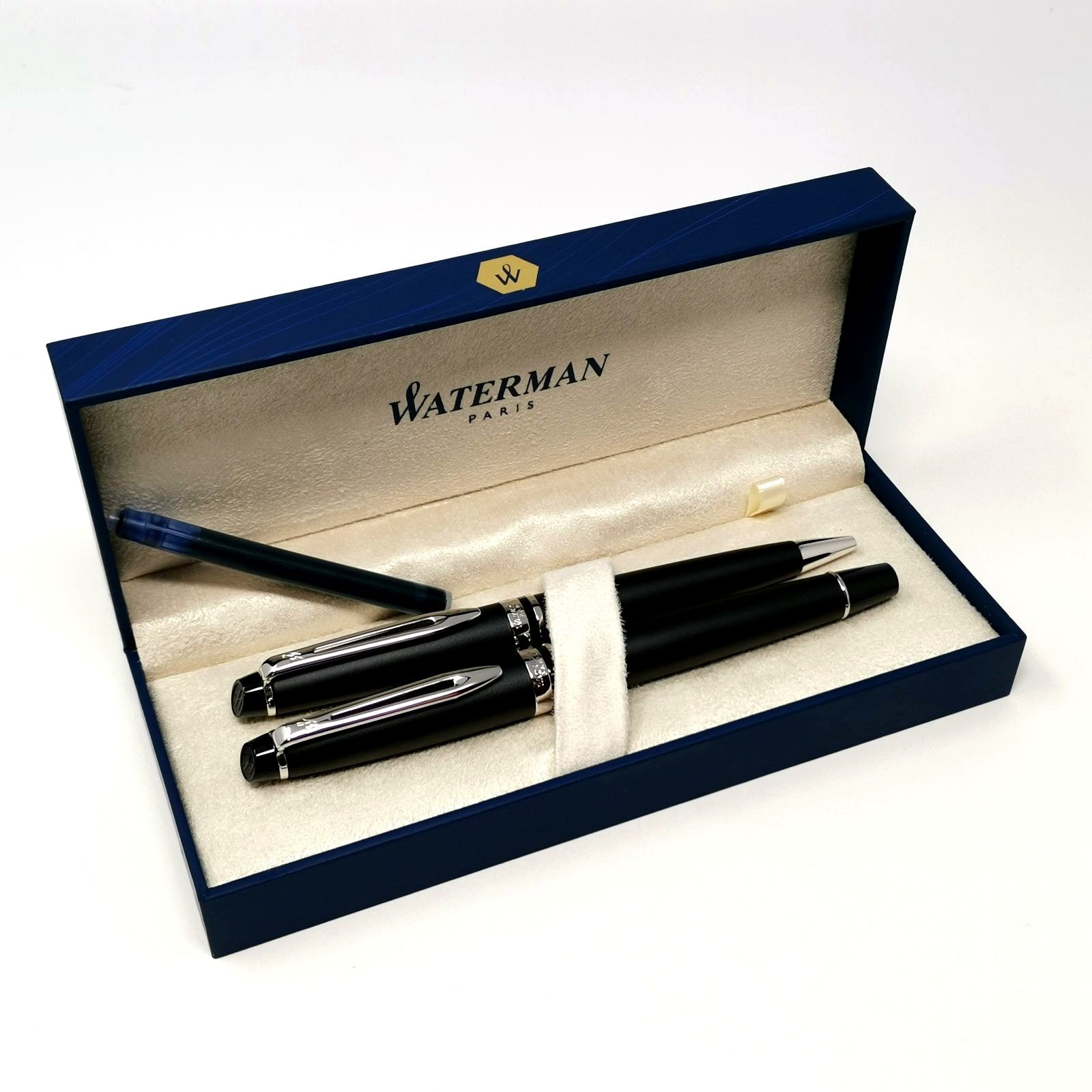 Waterman Paris ballpoint pen and fountain pen set with replacement ink cartridge and box