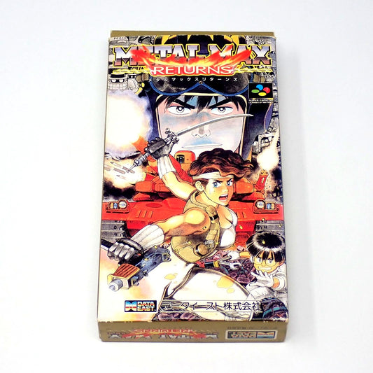 Meta Max Returns SNES game cartridge with original box, manual, and postcard in used condition