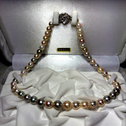 Akoya genuine pearl necklace with multi-gradient 6-10mm narrow drop pearls and silver fittings on a 43cm chain