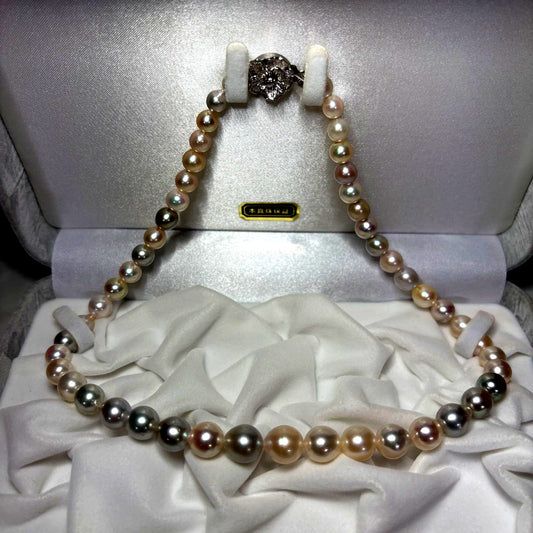Akoya genuine pearl necklace with multi-gradient 6-10mm narrow drop pearls and silver fittings on a 43cm chain