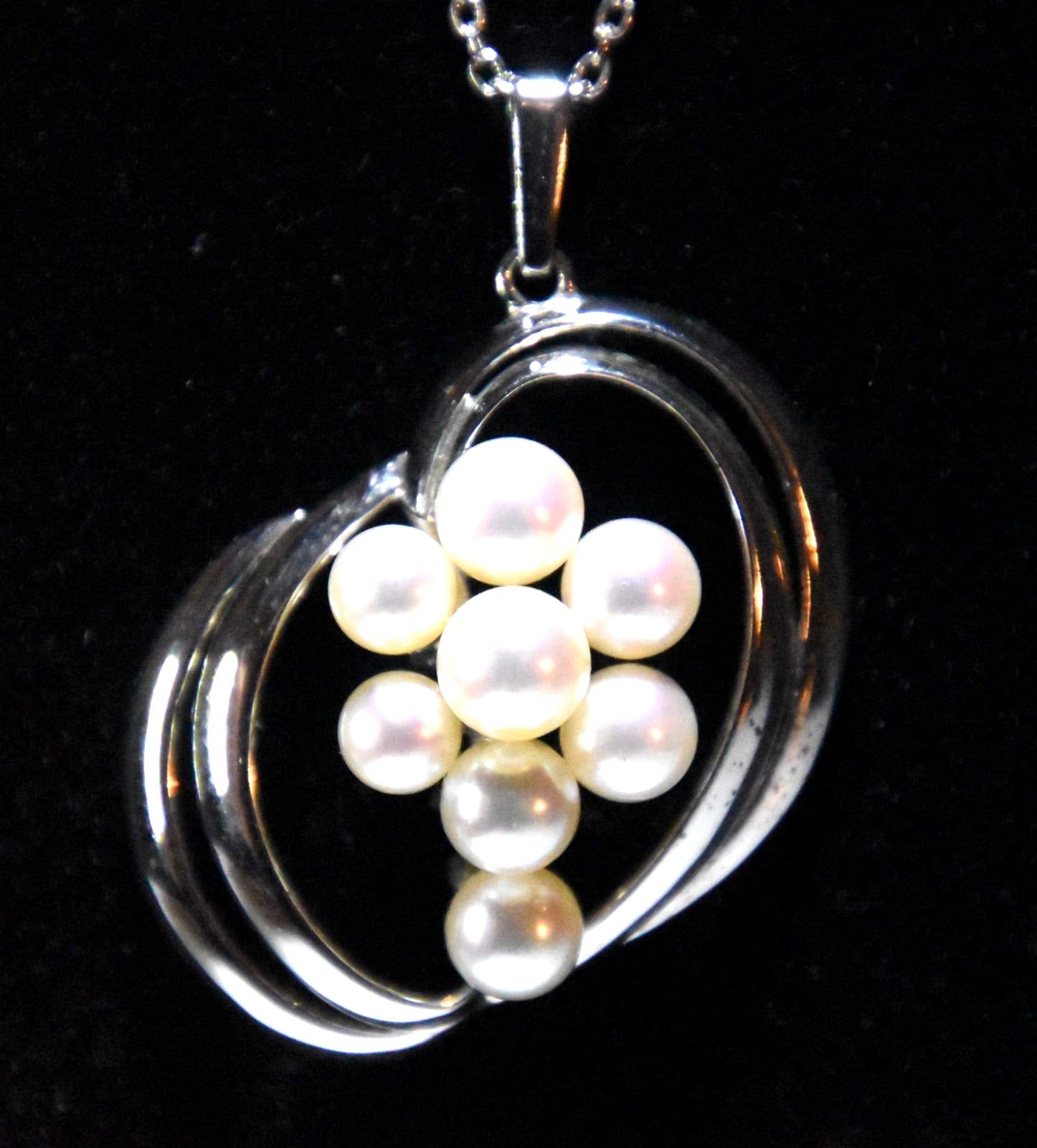 Mikimoto pearl necklace with white pearls, silver grape motif pendant, and 40 cm chain