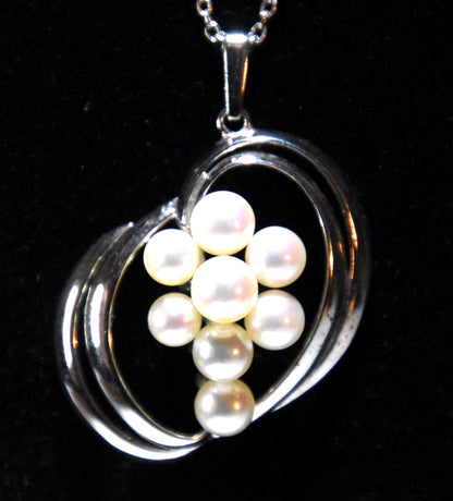 Mikimoto pearl necklace with white pearls, silver grape motif pendant, and 40 cm chain