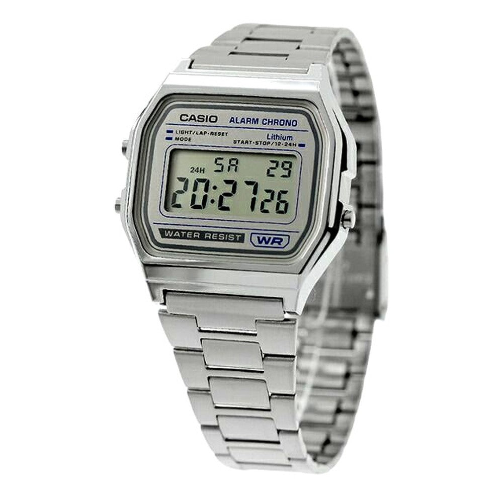 Casio Classic A158WEA-7DF unisex digital wristwatch with gray dial and silver stainless steel band