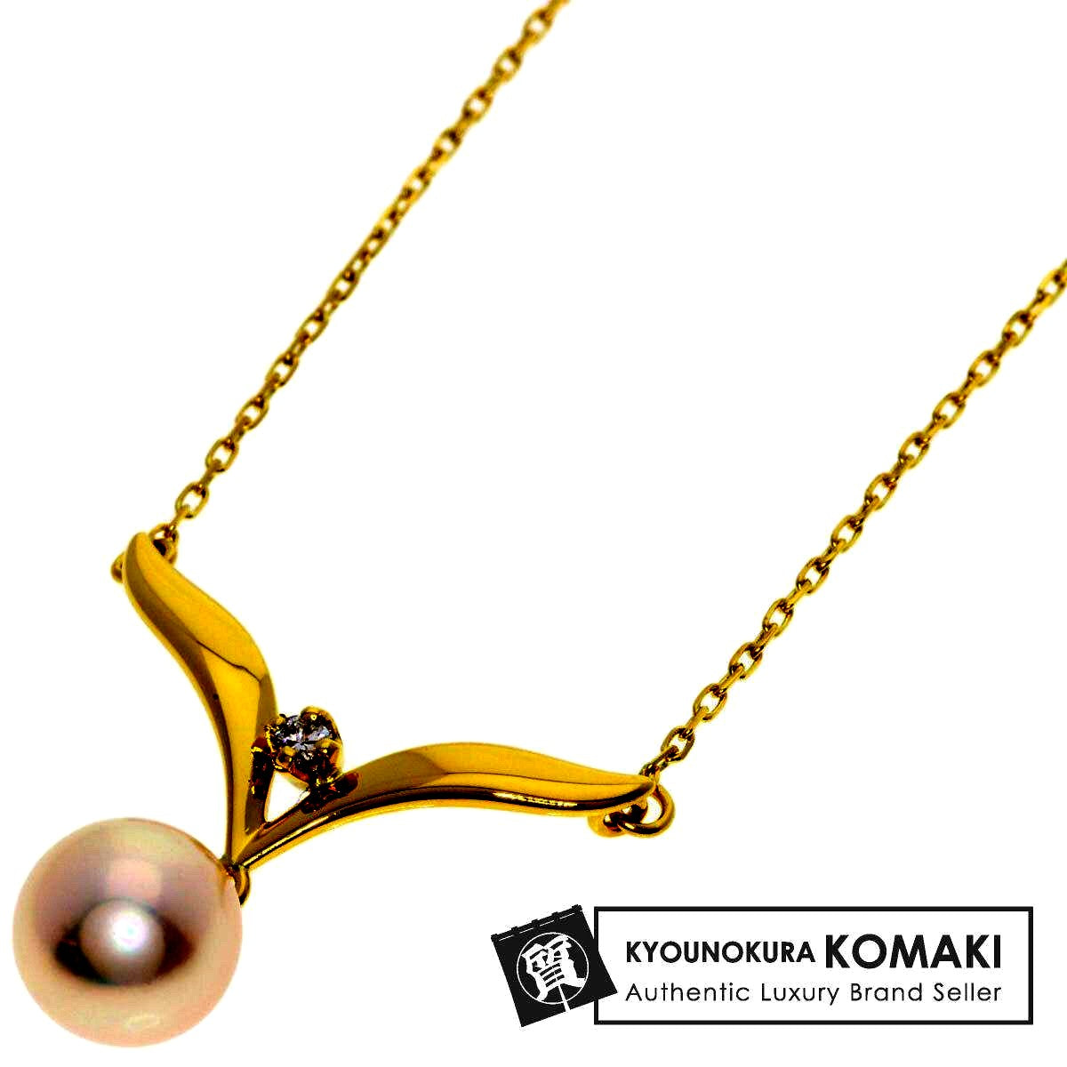 Mikimoto K18YG gold tone ladies necklace with pearl and diamond pendant and 42cm chain length
