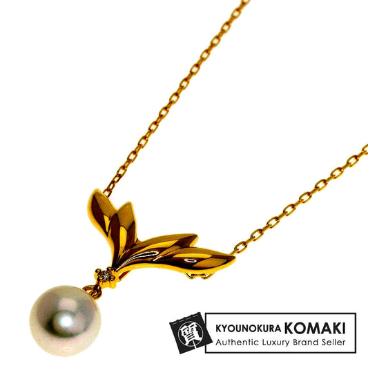 MIKIMOTO pearl and diamond necklace in K18 yellow gold with 40cm chain, displayed on white background