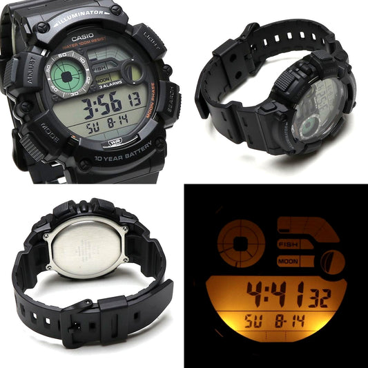 Casio WS-1500H digital fishing watch with moon data and 10 ATM water resistance in large resin case