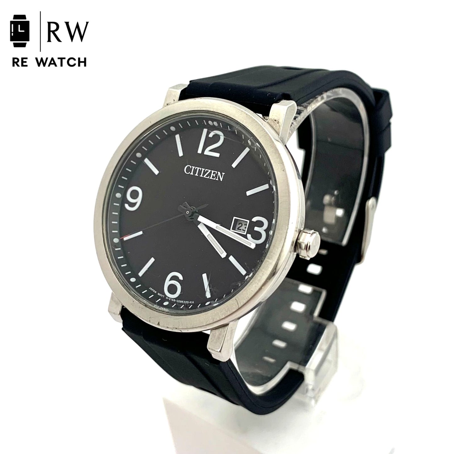 中古CITIZEN E168 Eco-Drive black watch with stainless steel case and new rubber band showing date display