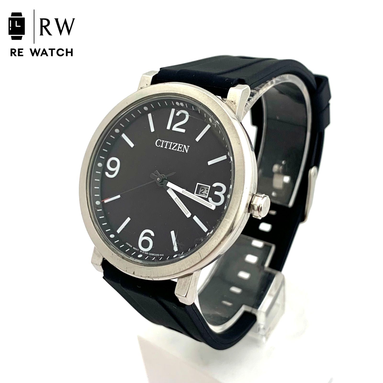 中古CITIZEN E168 Eco-Drive black watch with stainless steel case and new rubber band showing date display