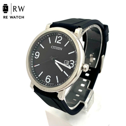 中古CITIZEN E168 Eco-Drive black watch with stainless steel case and new rubber band showing date display