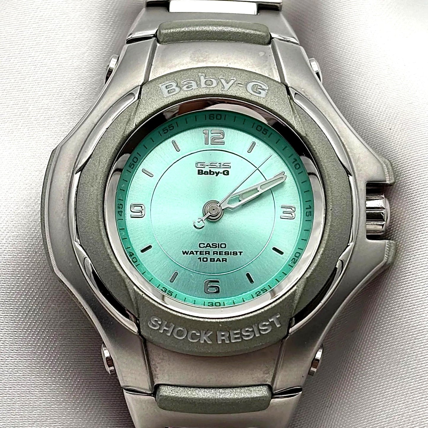 Casio Baby-G STG-100 wristwatch in silver with ice blue dial and 100 meter water resistance