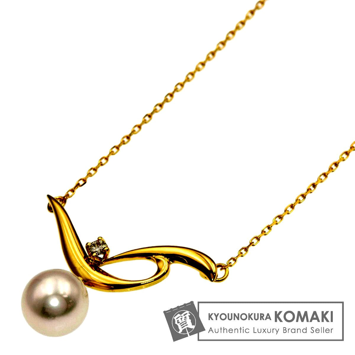 MIKIMOTO ladies pearl diamond necklace in K18 yellow gold with 7.3mm stone and 42.5cm chain