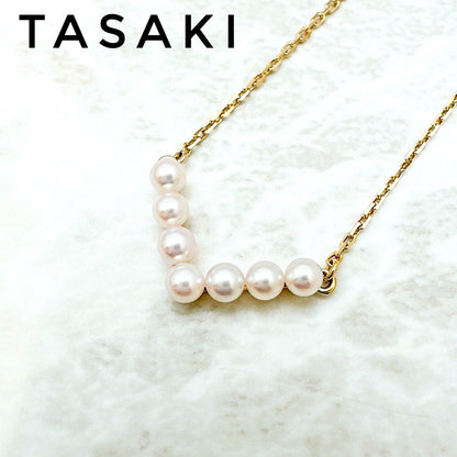 Law Baby Pearl Yellow Gold Necklace with 3.3mm pearls, 40cm length, and 19.5cm wide top detail