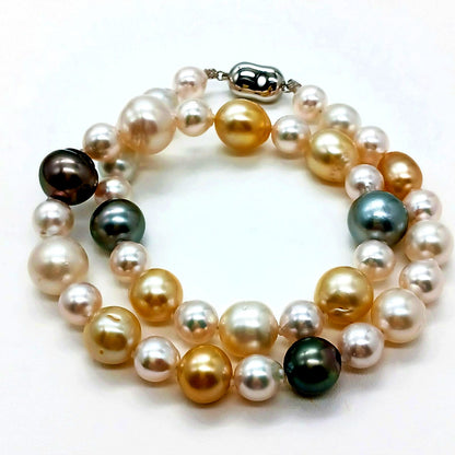 Yamato multi-color necklace with Akoya, South Sea black and white pearls on silver chain, 46cm length