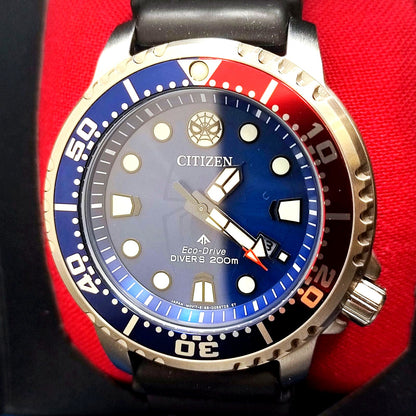 Citizen Promaster Marine Spider-Man Collaboration Model Watch BN0250-07L with blue dial and stainless steel strap