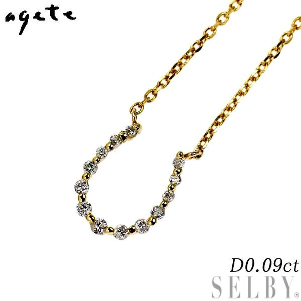 Agete K10YG diamond pendant necklace with 0.09ct center diamond and horseshoe design on 41cm chain