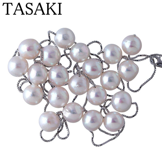 Tasaki white gold pearl necklace station with 21 pearls 8.5-9.0mm length 95cm