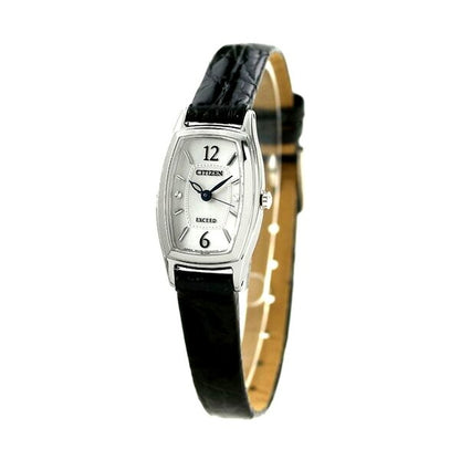 Citizen EX2000-09A women's wristwatch with silver dial, black leather band, and stainless steel case