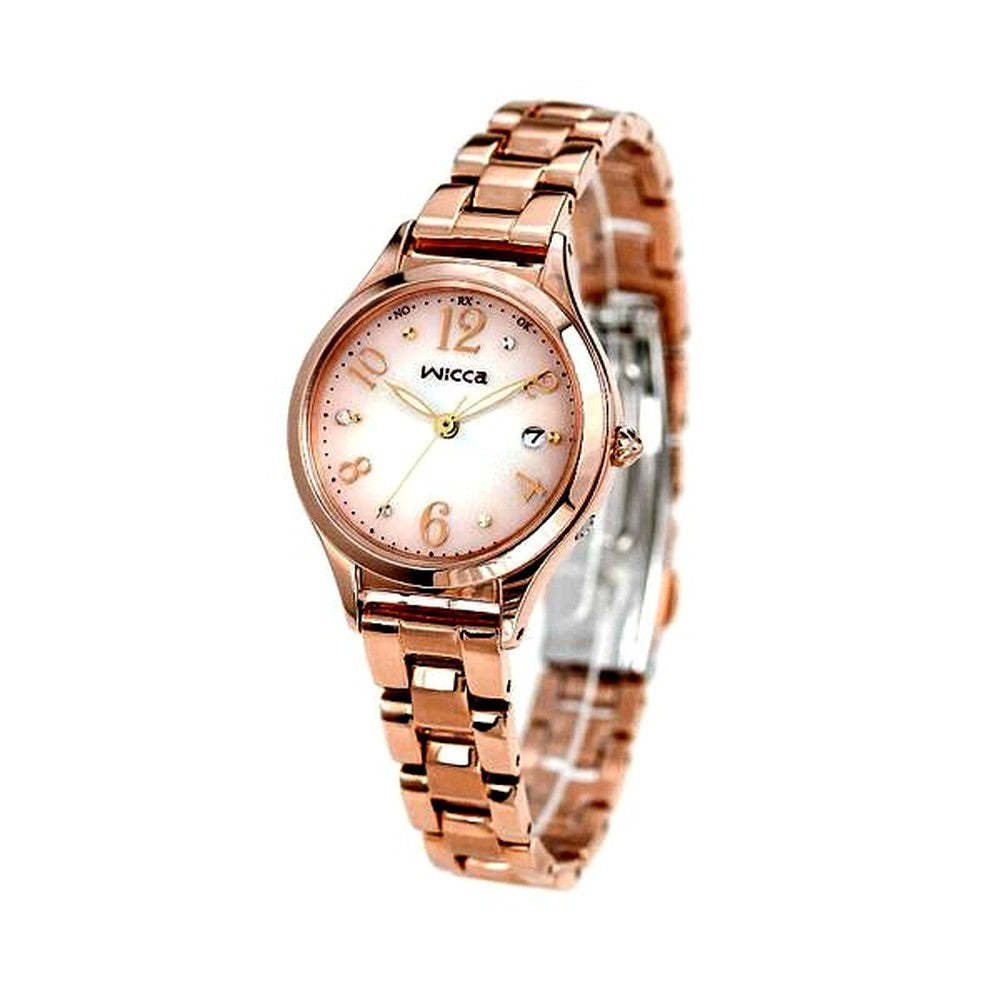 Citizen Wicca HAPPY DIARY KS1-261-91 solar radio watch with pink gradient dial and pink gold stainless steel band