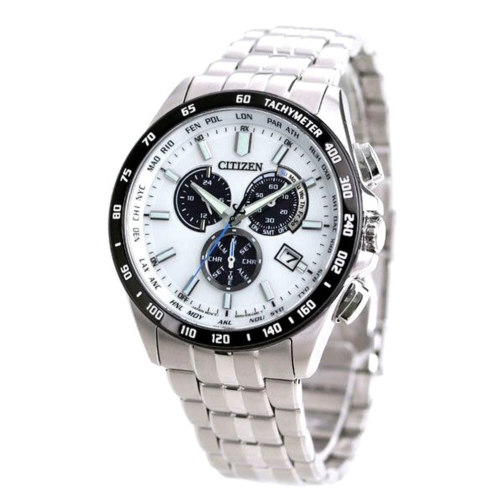 Citizen Eco-Drive Radio Wave Direct Flight Chronograph watch with white dial, jet black stainless steel case, and silver stainless steel band