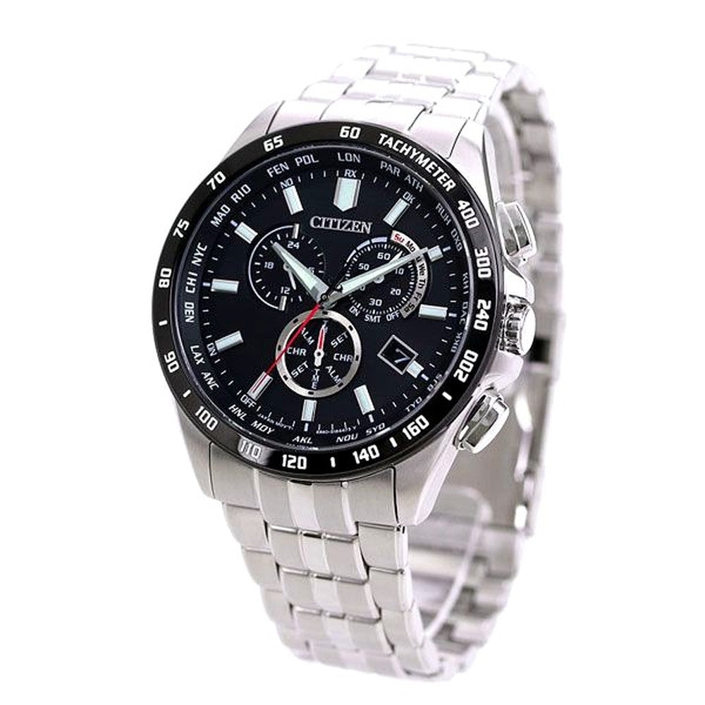Citizen Eco-Drive Radio Wave Direct Flight Chronograph watch with black dial and silver stainless steel band