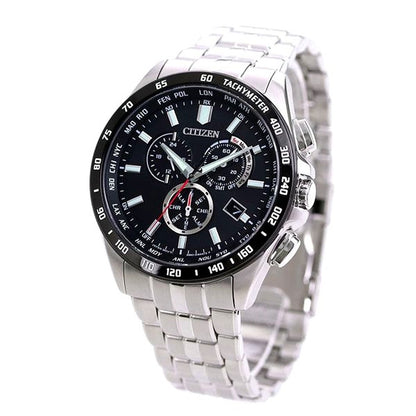 Citizen Eco-Drive Radio Wave Direct Flight Chronograph watch with black dial and silver stainless steel band