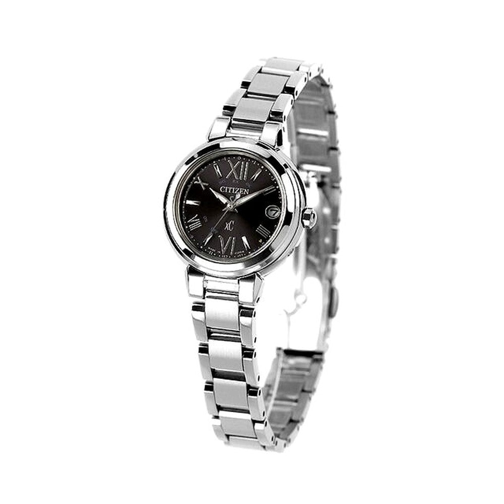 Citizen xC ES9430-89E ladies wristwatch with black dial and light silver band, solar radio-controlled Eco-Drive movement