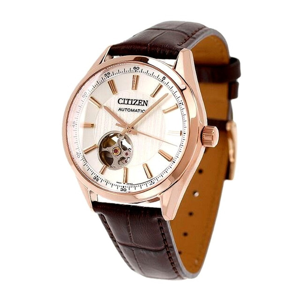 Citizen Collection Mechanical Classic Open Heart Men's Watch NH9112-19A with cream dial and brown cow leather band
